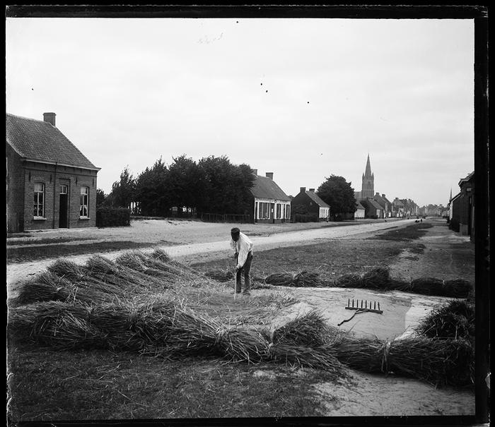 Eecloo. Batteur de grain dans la rue, fléau baissé